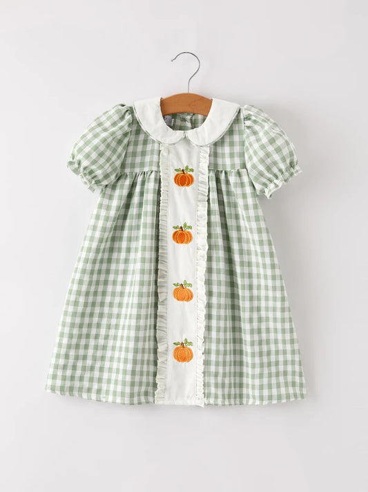Proper Pumpkins Embroidered Green Gingham Dress