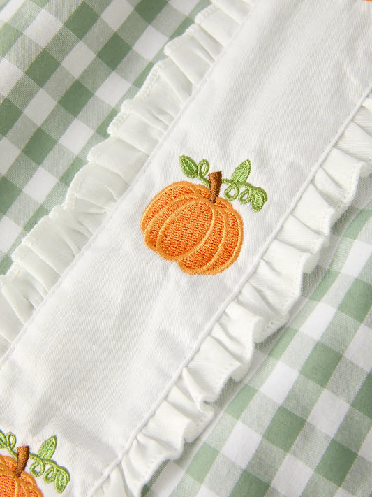 Proper Pumpkins Embroidered Green Gingham Dress